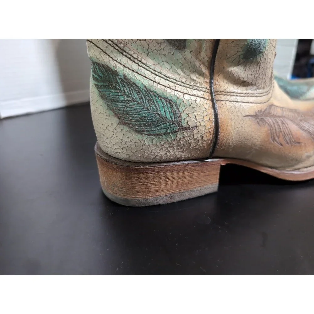 CORRAL SAND/TEAL   CRACKEL & FEATHER SQUARE TOE COWBOY BOOT MEN'S SIZE 12M EUC